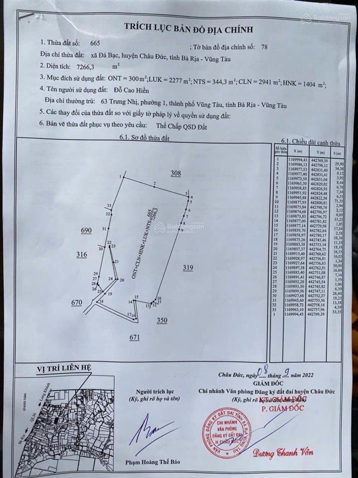 Bán lô đất 7444,2m 1 sẹt quốc lộ 56 xã đá bạc, châu đức