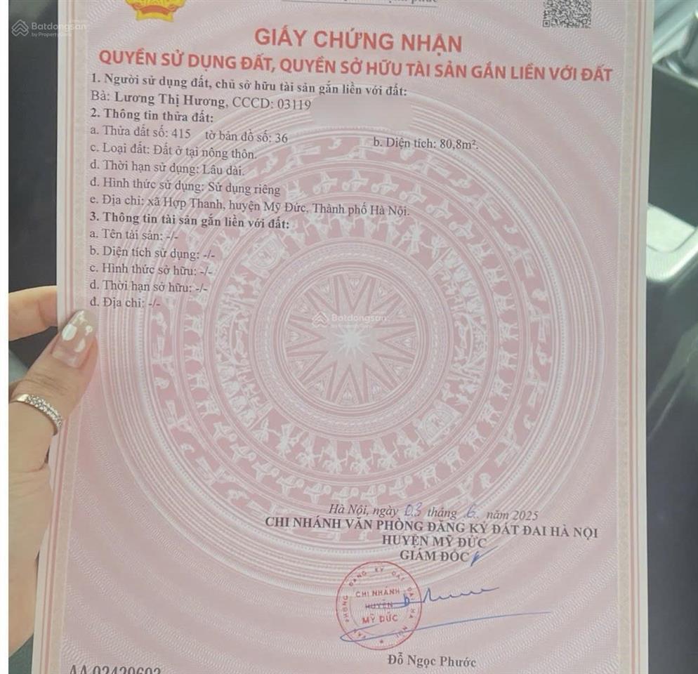 Cần bán 2 mảnh đất mỹ đức 80m2  mt 5.1m, đường thông, ô tô vào, cách vđ 5 vài trăm m, sát nvh thôn