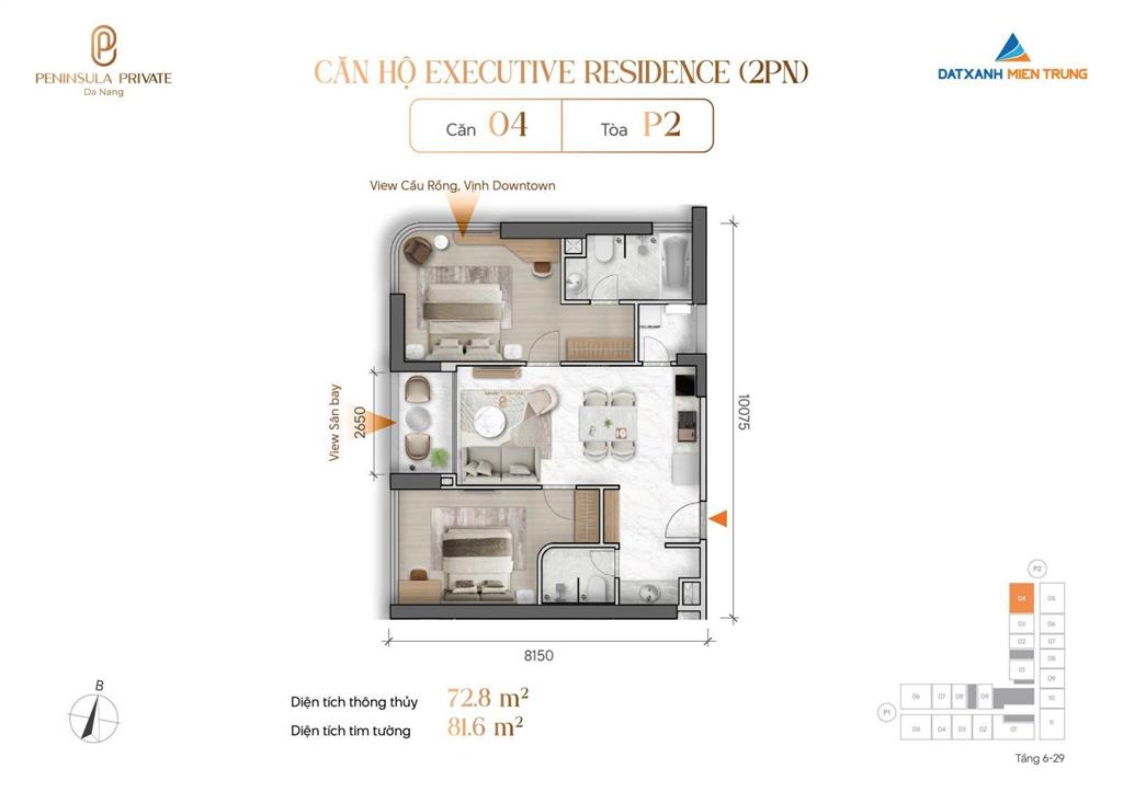Căn góc 2pn  72.6m2  tầng cao view sông vừa ngắm sông hàn và pháo hoa, đơn giá 65tr/m2
