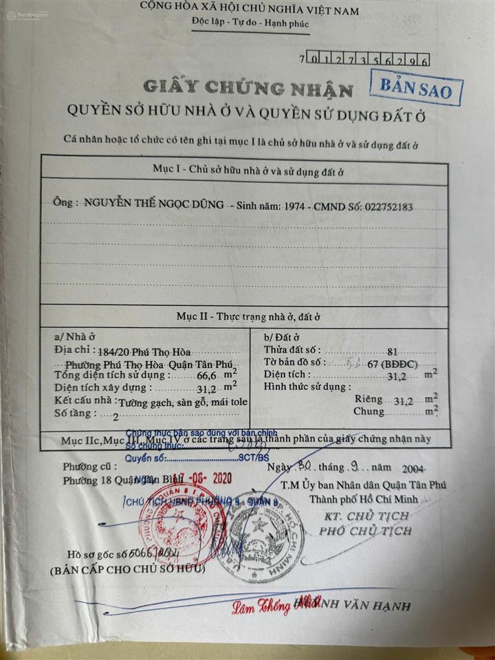 Bán nhà riêng tại phú thọ hòa, 4 tỷ, dt 4x8m 31 m2, 2pn, 2wc, siêu hời!