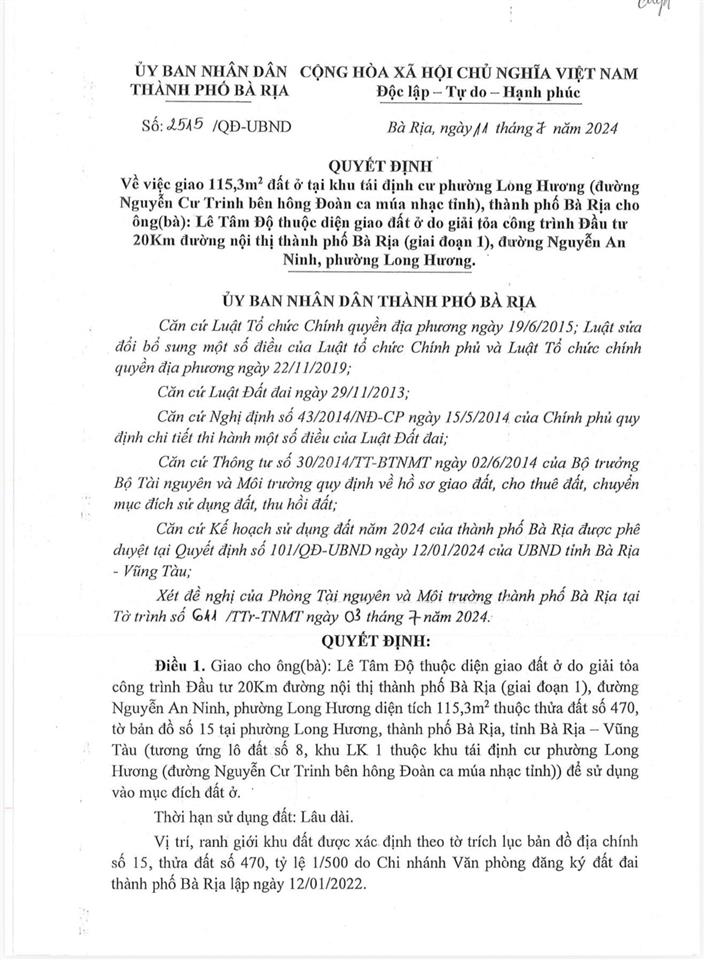 Chính chủ bán 115,7 m2 đất đường nguyễn cư trinh, long hương , tp bà rịa chỉ 3 tỷ