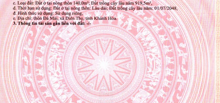 Bán đất 1059,5m2 tại xã diên tân, diên khánh, khánh hòa, giá 2,8 tỷ