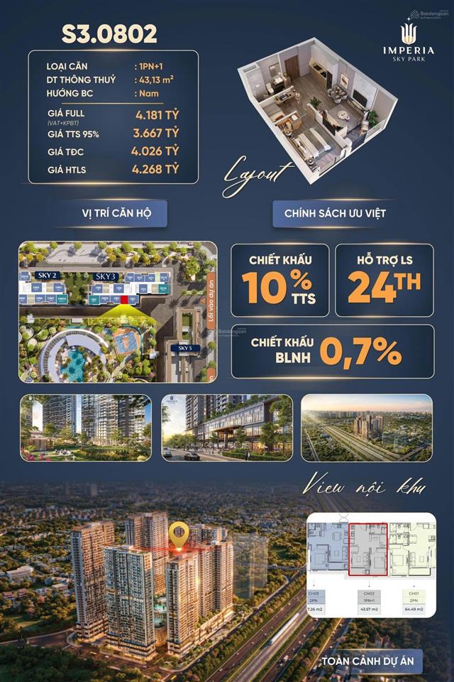 Căn hộ "cực phẩm" 1pn+1 hướng nam mát mẻ, tổ ấm hoàn hảo chỉ từ 3.6 tỷ tại imperia sky park