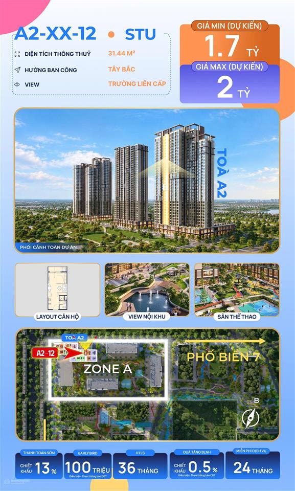 The cityon căn hộ studio a2xx12 | 31,44m² | giá dự kiến từ 1,7 tỷ