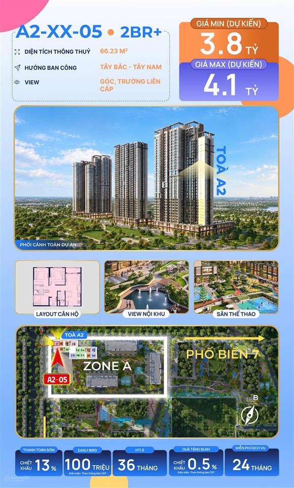 The cityon căn hộ 2pn+ a2xx05, 66,23m² | giá dự kiến từ 3,8 tỷ