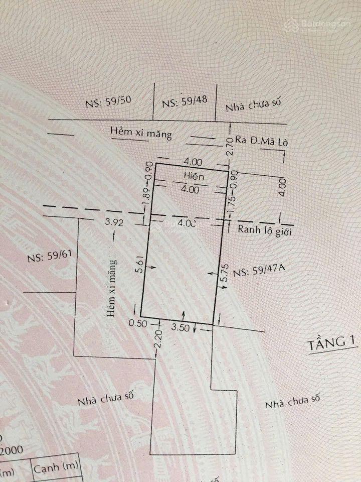 Bán nhà hẻm 59 mã lò, 4 x 8.5m, cấp 4, giá 3.6 tỷ. (tín hưng)