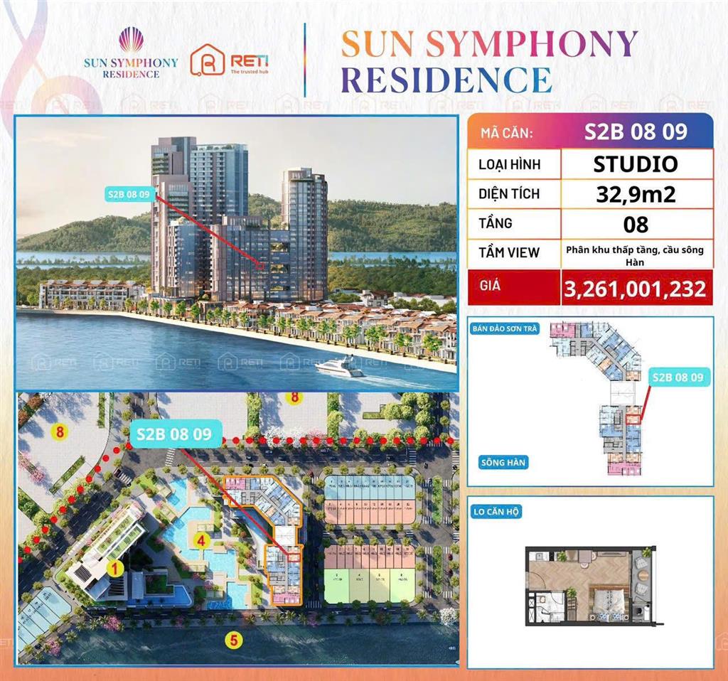 Bán nhanh căn hộ studio view pháo hoa, tòa s2, diện tích 32,9m2, tầng 8, view trực diện sông hàn