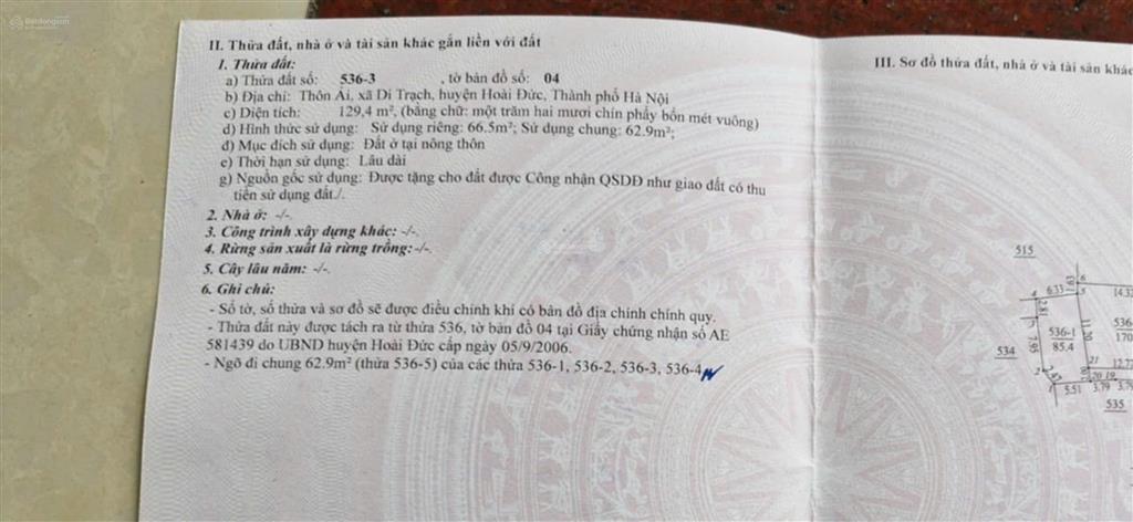 Bán đất tại đường di trạch, di trạch, hoài đức, hà nội, 6,4 tỷ, 66,5 m2