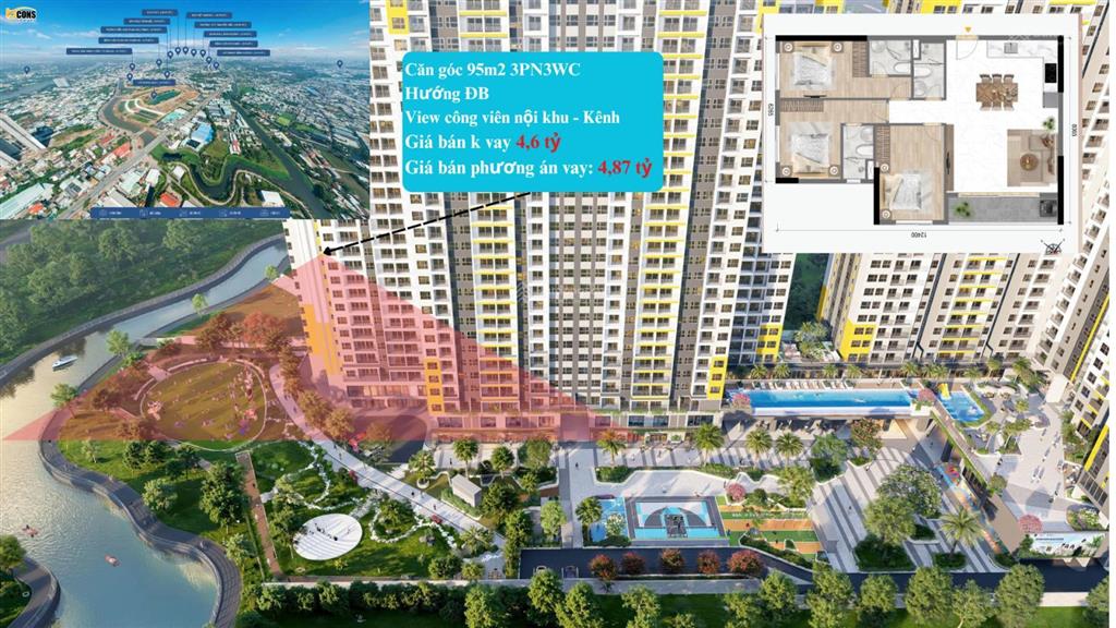 Căn góc hoa hậu 3pn3wc view công viên  sông sg,4,6 tỷ đã vat, 220 triệu sở hữu  thuê lại 15tr/th