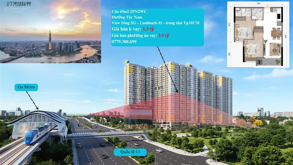 Căn hộ 65m2 view đẹp  hướng tây nam gió mát, giá giai đoạn 1