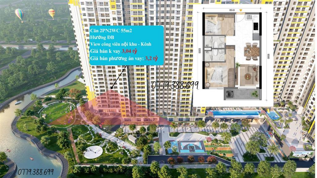 Căn 2pn2wc 55m2 tầng 10 view nội khu và sông rất đẹp, 3,04 tỷ