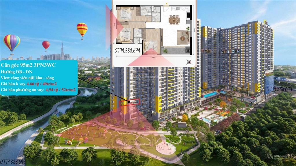 Căn góc 95m2 3pn3wc có ban công và phòng khách siêu rộng, view hoa hậu nội khu và sông  4,66 tỷ