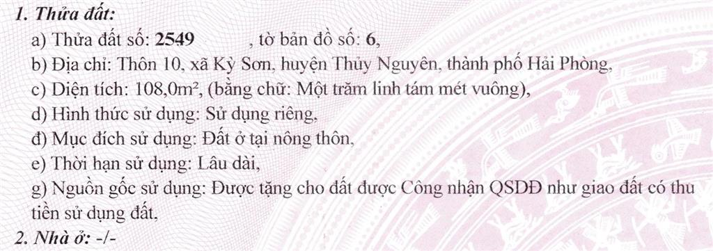 Cần bán 108 m2 đất kỳ sơn, thủy nguyên 550 triệu