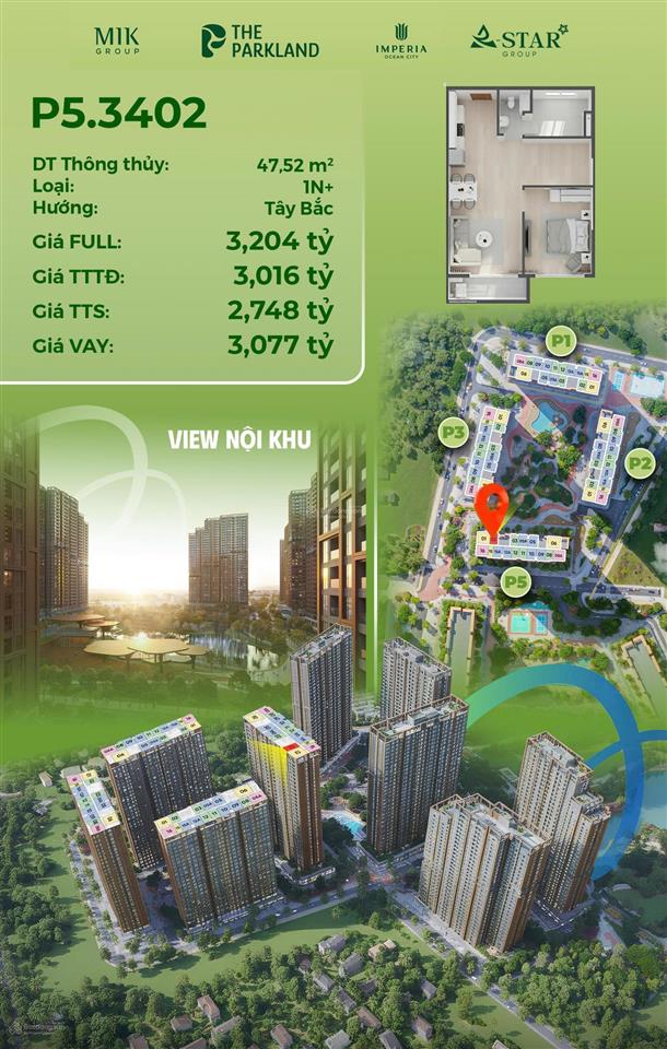 Cực hot! quỹ căn 1 ngủ 47,5m2 giá tốt tại the parkland tại vin 2 tặng full nội thất