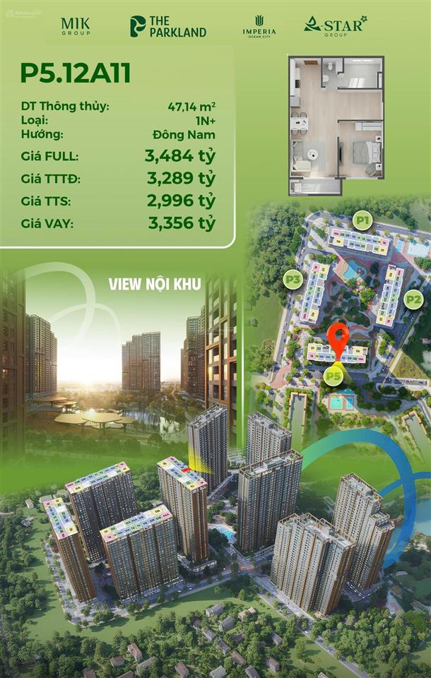 Cực hot! quỹ căn 1 ngủ 47,5m2 giá tốt tại the parkland tại vin 2 tặng full nội thất