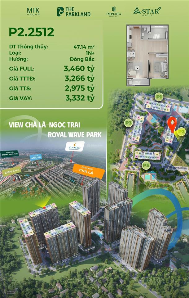 Cực hot! quỹ căn 1 ngủ 47,5m2 giá tốt tại the parkland tại vin 2 tặng full nội thất