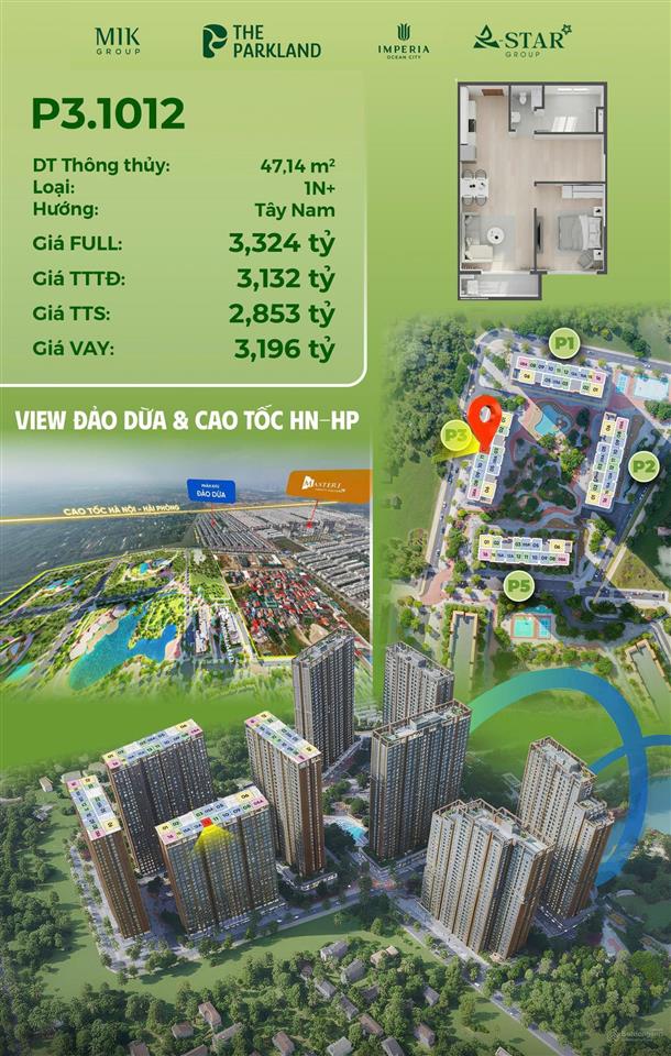 Cực hot! quỹ căn 1 ngủ 47,5m2 giá tốt tại the parkland tại vin 2 tặng full nội thất