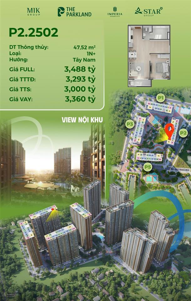 Cực hot! quỹ căn 1 ngủ 47,5m2 giá tốt tại the parkland tại vin 2 tặng full nội thất