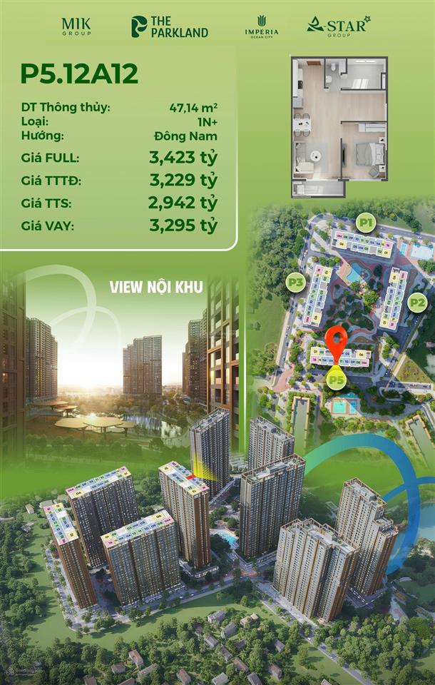 Cực hot! quỹ căn 1 ngủ 47,5m2 giá tốt tại the parkland tại vin 2 tặng full nội thất