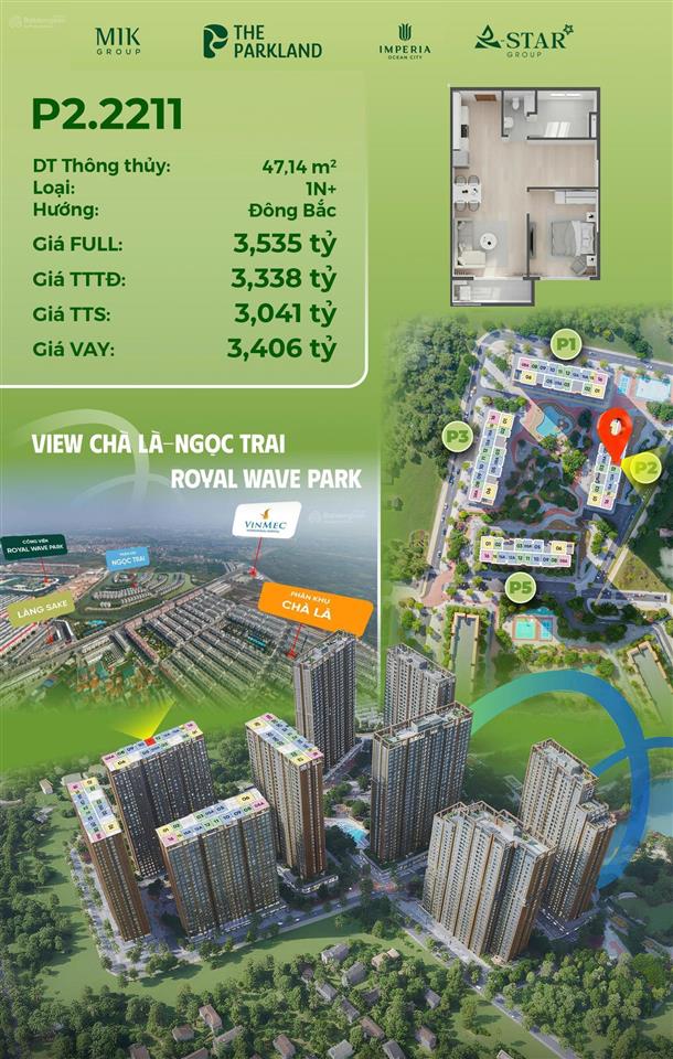 Cực hot! quỹ căn 1 ngủ 47,5m2 giá tốt tại the parkland tại vin 2 tặng full nội thất