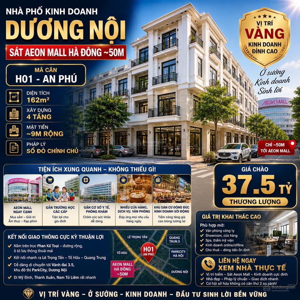 Nhà phố kinh doanh dương nội sát aeon mall hà đông| dt 162m2| giá 37.5 tỷ
