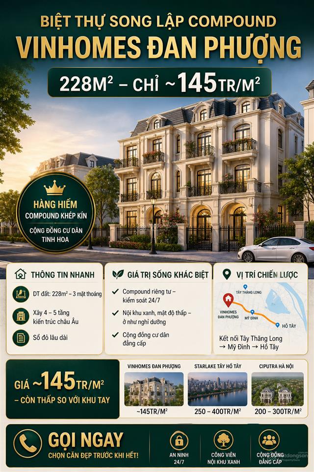 Biệt thự song lập compound vinhomes đan phượng 228m chỉ ~145tr/m (33 tỷ)