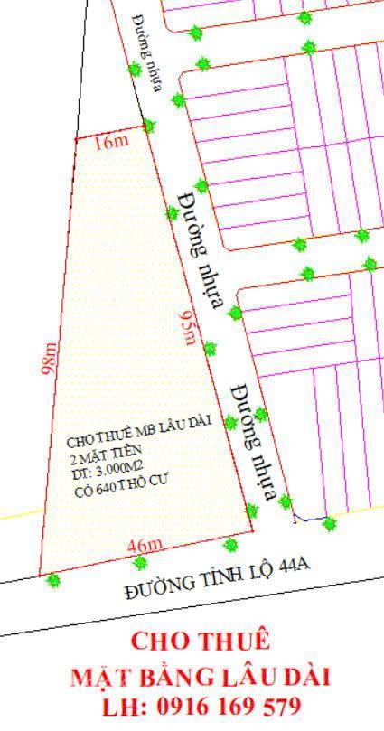 Cho thuê đất 3.000m2  có 640m2 đất ở  2 mt  đường tl44a 46mx95m  an ngãi  long điềnhcm