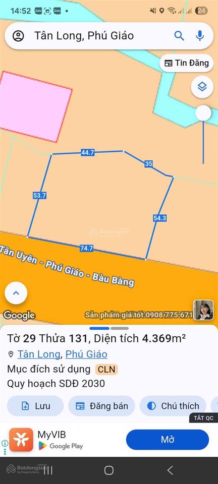 Bán 2100m2 đất mặt tiền xã tân long, phú giáo, bình dương