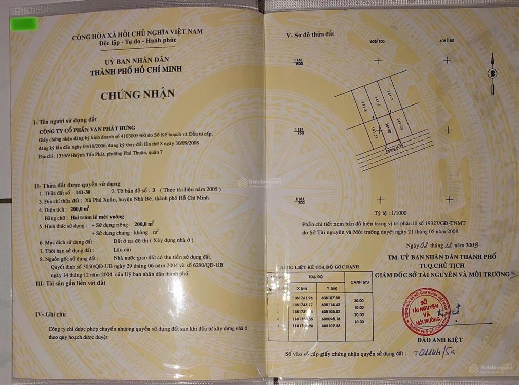 Chuyển nhượng lô đất biệt thự b335 kdc phú xuân vạn phát hưng nhà bè 55tr/m2