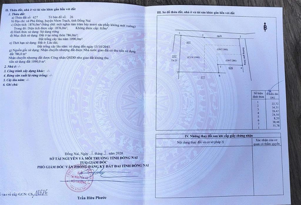 Bán đất nhơn trạch tờ 26 thửa 627 diện tích 1.876m2, giá 13 triệu/m2