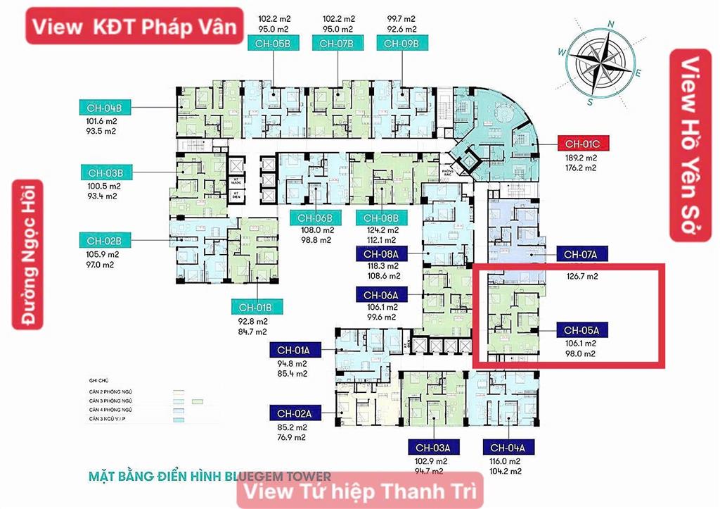 Căn cc blue gem ngọc hồi, 3pn, 98m2, bc đông view công viên yên sở, giá 70 triệu/m2  0818 268 ***