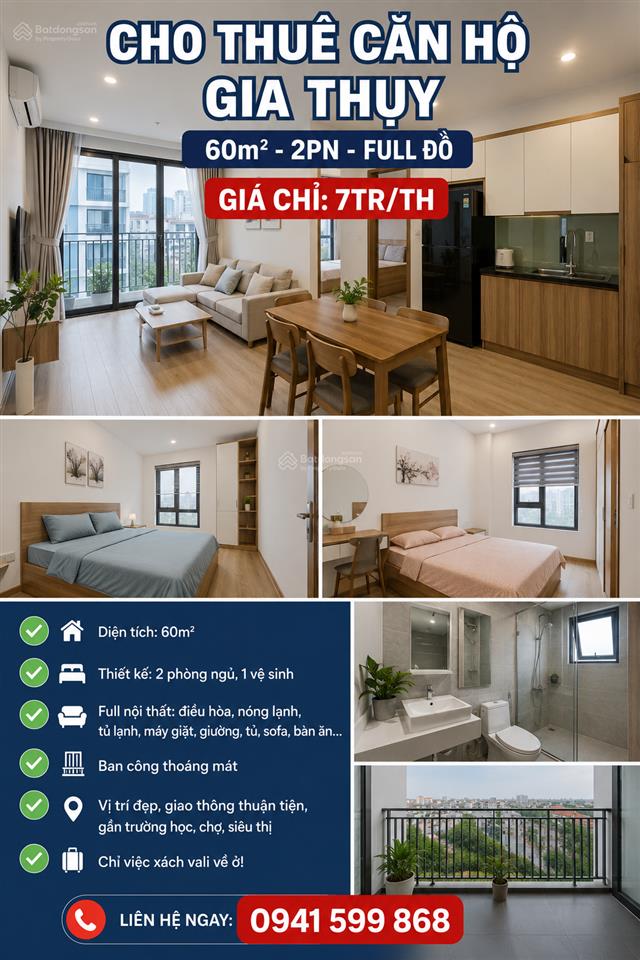 Cho thuê căn hộ gia thụy long biên | 60m2 | 2 phòng ngủ | full nội thất  0941 599 ***