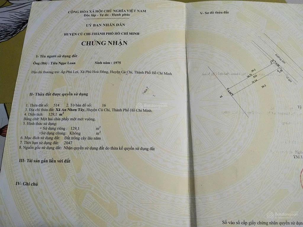 Chính chủ  đất mặt tiền củ chi full thổ cư
