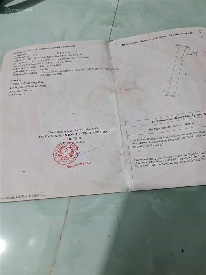 Bán đất mặt tiền quốc lộ 62 full thổ cư thích hợp kinh doanh