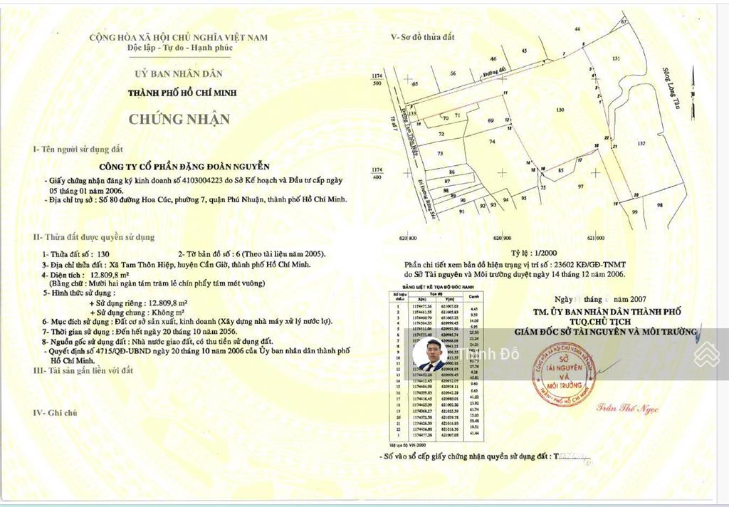 Bán đất xã tam thôn hiệp, đất sản xuất kinh doanh giá cực tốt, dt 12809.8 m2, giá 75 tỷ ~ 6tr/m2