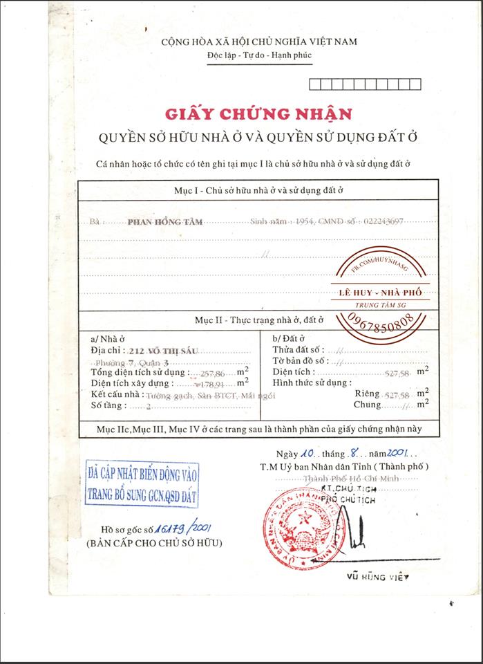 Biệt thự mặt tiền 212 võ thị sáu  22 x 30  290 tỷ