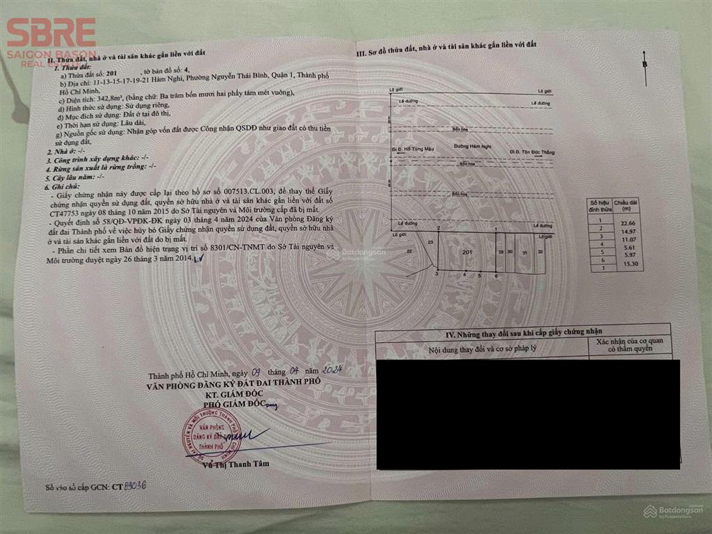 Bán nhà mặt tiền hàm nghi quận 1  342,5m2 ngang 22,6m (đất lâu dài)