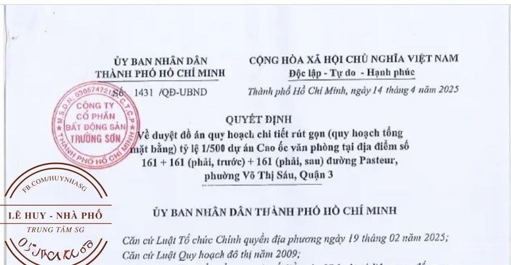 161 pasteur bên cạnh sở nội vụ  [35 x 93m] cn 3032m2 (gpxd 3 hầm 16 tầng)