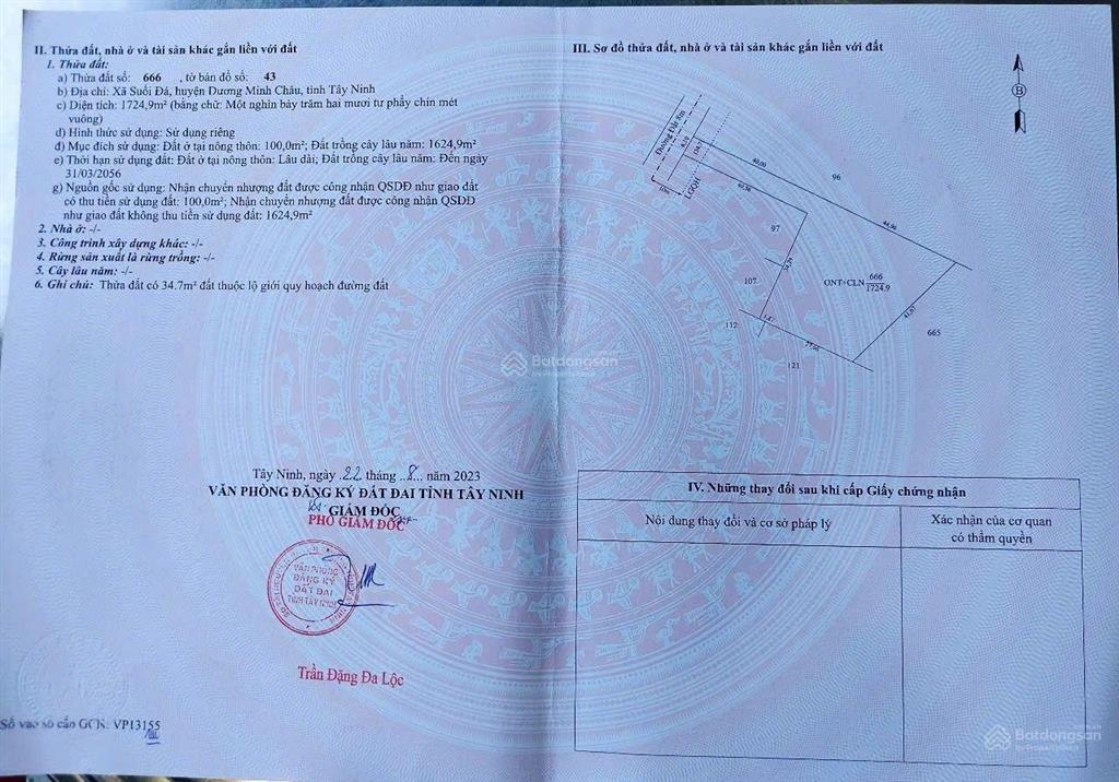 1,6 tỷ, 1.724 m2 (100m2 tc) sau lưng công an dương minh châu, tây ninh