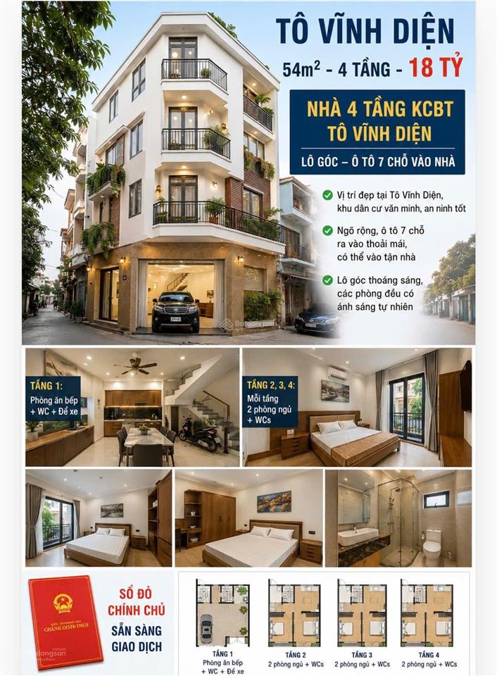 18 tỷ nhà 4 tầng  tô vĩnh diện  lô góc ô tô 7 chỗ vào nhà  chủ nhà bộ đội về hưu thiện chí