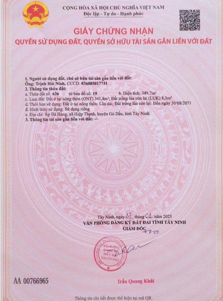 BÁN ĐẤT XÃ PHƯỚC THẠNH, TÂY NINH. 2 LÔ LIỀN KỀ. TỔNG DIỆN TÍCH 1556 M2 - SHR. LH:0786111122.