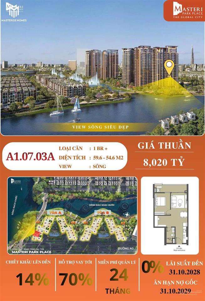 Chuyển nhượng căn hộ 1pn+ (a1.07.03a) giá gốc cđt dự án masteri park place  ct5
