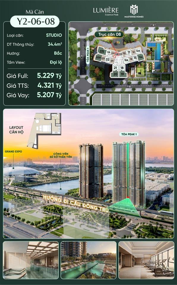 Căn hộ 2pn lumière view đại lộ, giá tốt vin cổ loa