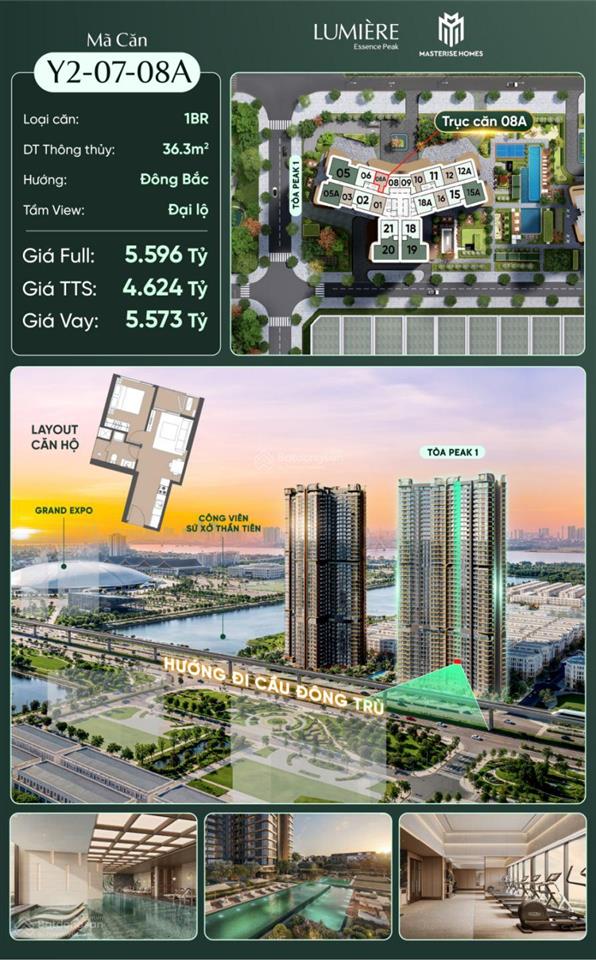 Căn hộ 2pn lumière view đại lộ, giá tốt vin cổ loa