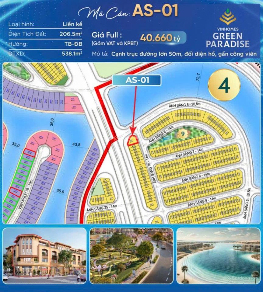 Căn 3mt góc đẹp nhất vinhomes green paradise đối diện hồ lớn chỉ 40 tỷ