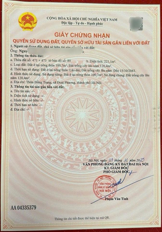 Chính chủ gửi bán gấp đất đoài phương bám quốc lộ 21 100m2 cổng đhqg chỉ 2.6 tỷ lô góc 0977 514 ***
