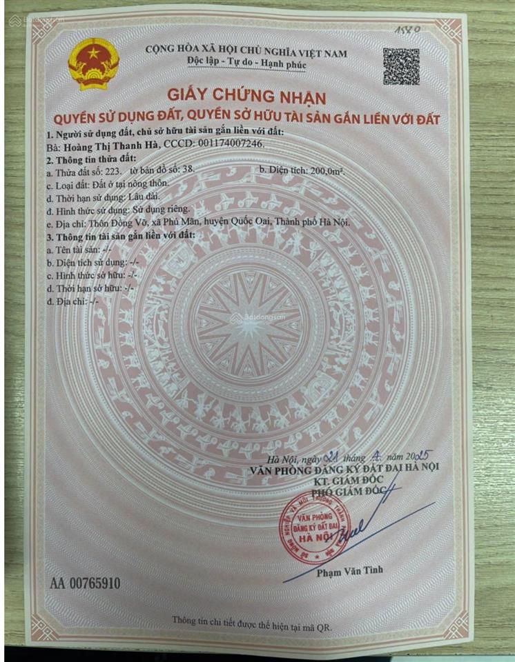 Gia đình cần bán gấp đất thổ cư 200m² phú mãn, hoà lạc trục chính, 4.8 tỷ, 0977 514 ***