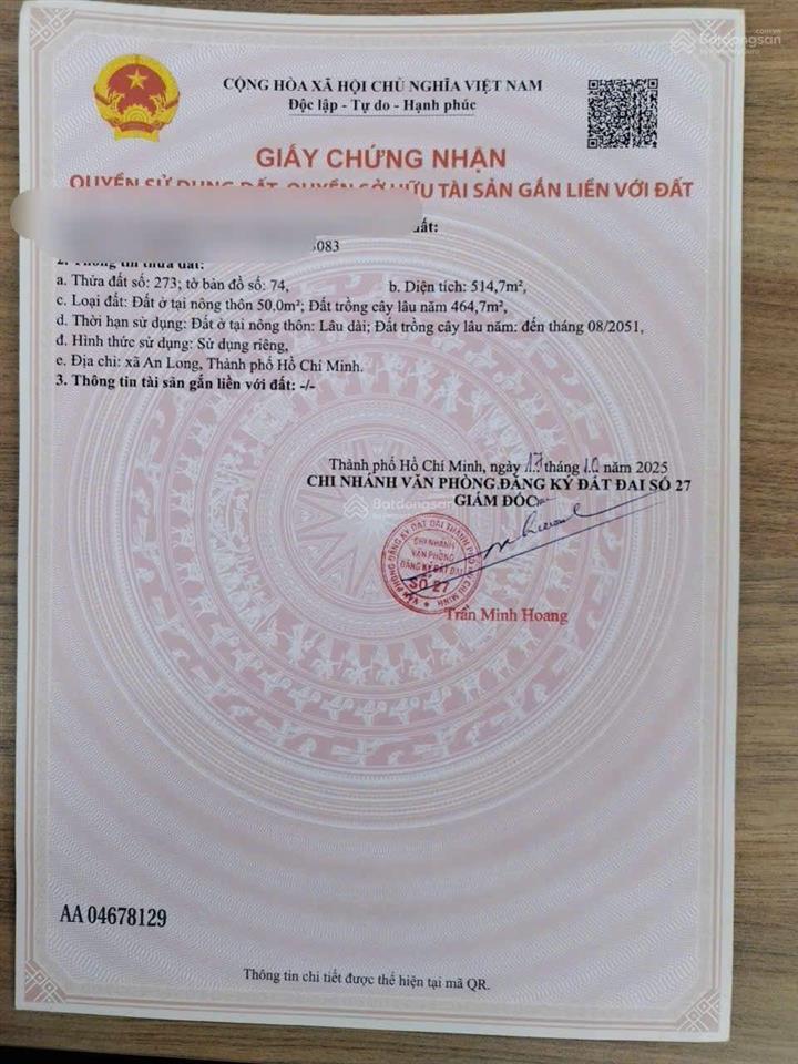 Bán đất ngang 10m x 50m, có 227 thổ cư, đường nhựa