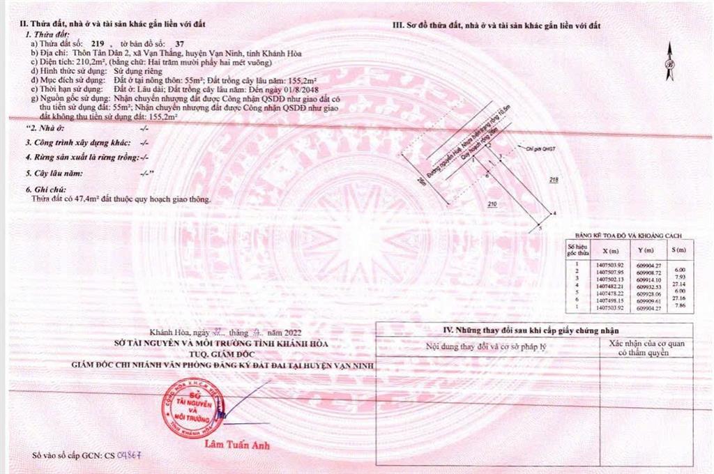 Bán 210,2m2 đất có 55m2 thổ cư thôn tân dân 2 xã vạn thắng vạn ninh, khánh hòa