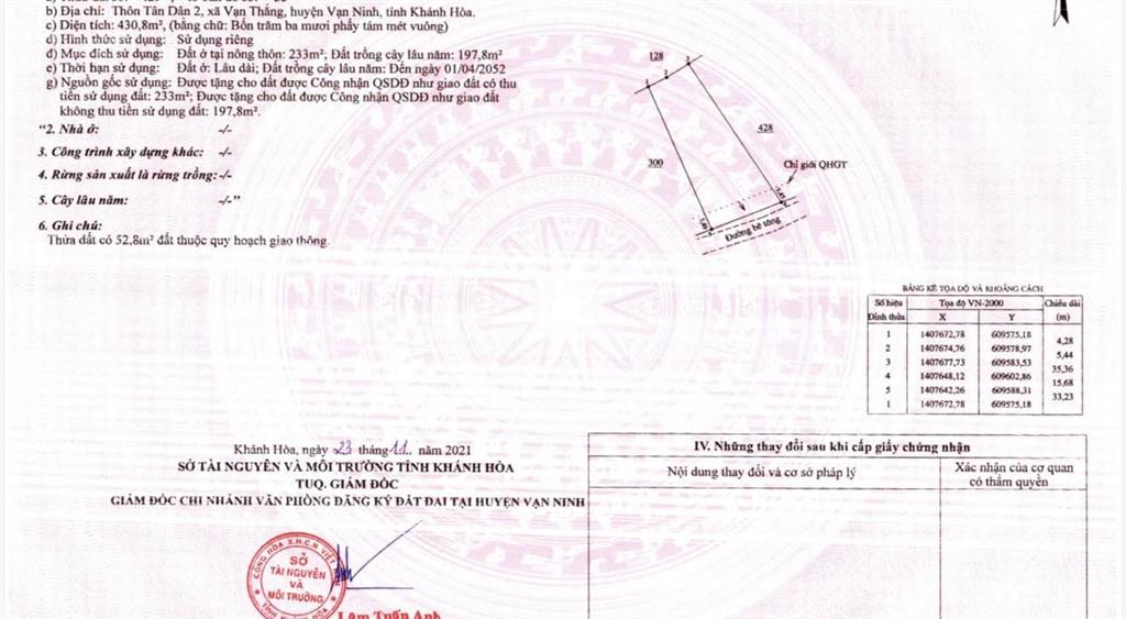 Bán lô đất có sẵn 233 m2 thổ cư tại đường nguyễn huệ, xã vạn thắng, vạn ninh khánh hòa